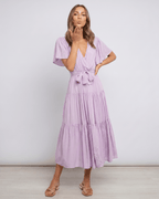 Solenne Midi Dress by Lauven — chiffon butterfly sleeve V-neck tiered midi dress