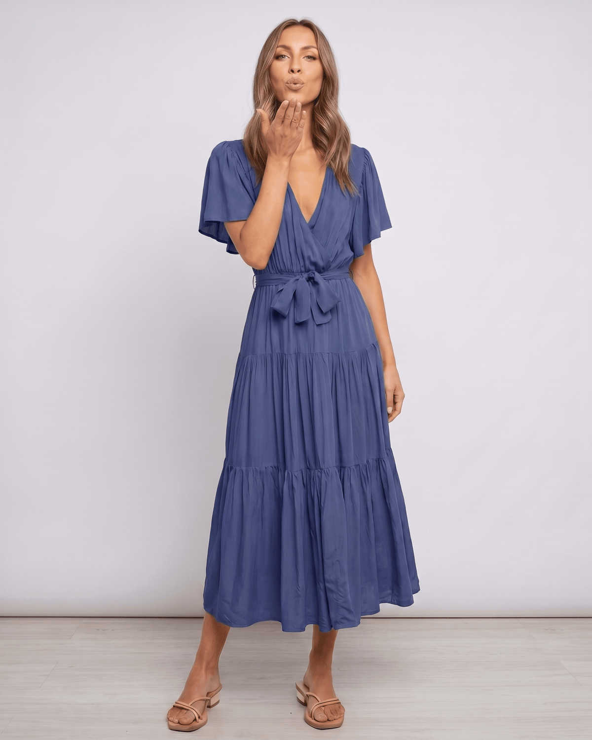 Solenne Midi Dress by Lauven — chiffon butterfly sleeve V-neck tiered midi dress