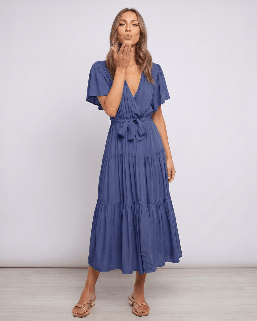 Solenne Midi Dress by Lauven — chiffon butterfly sleeve V-neck tiered midi dress