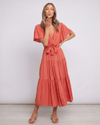 Solenne Midi Dress by Lauven — chiffon butterfly sleeve V-neck tiered midi dress