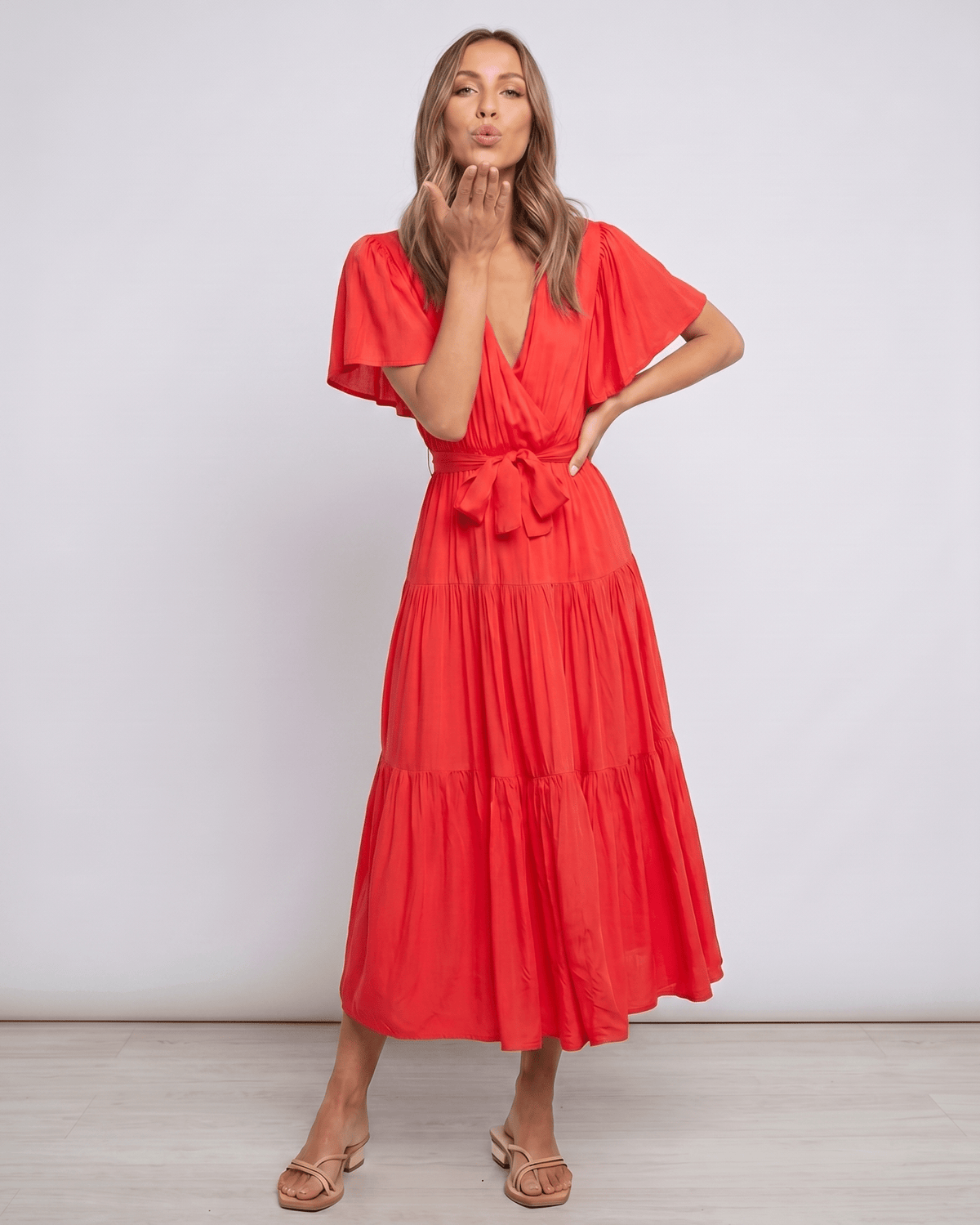 Solenne Midi Dress by Lauven — chiffon butterfly sleeve V-neck tiered midi dress