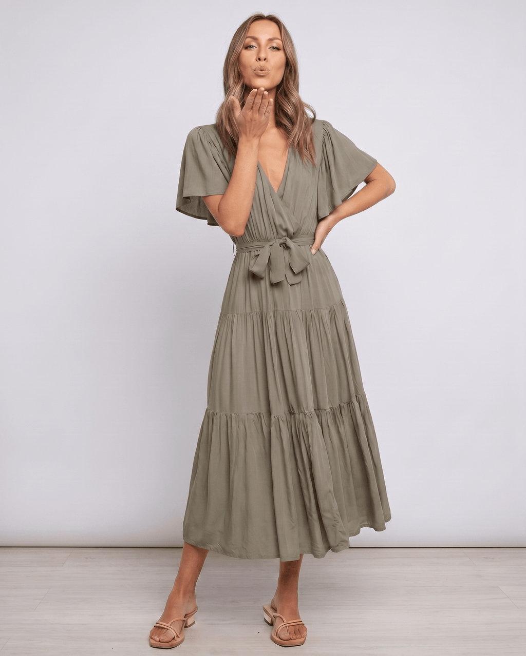Solenne Midi Dress by Lauven — chiffon butterfly sleeve V-neck tiered midi dress