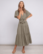 Solenne Midi Dress by Lauven — chiffon butterfly sleeve V-neck tiered midi dress