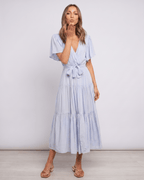 Solenne Midi Dress by Lauven — chiffon butterfly sleeve V-neck tiered midi dress