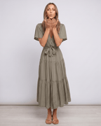 Solenne Midi Dress by Lauven — chiffon butterfly sleeve V-neck tiered midi dress
