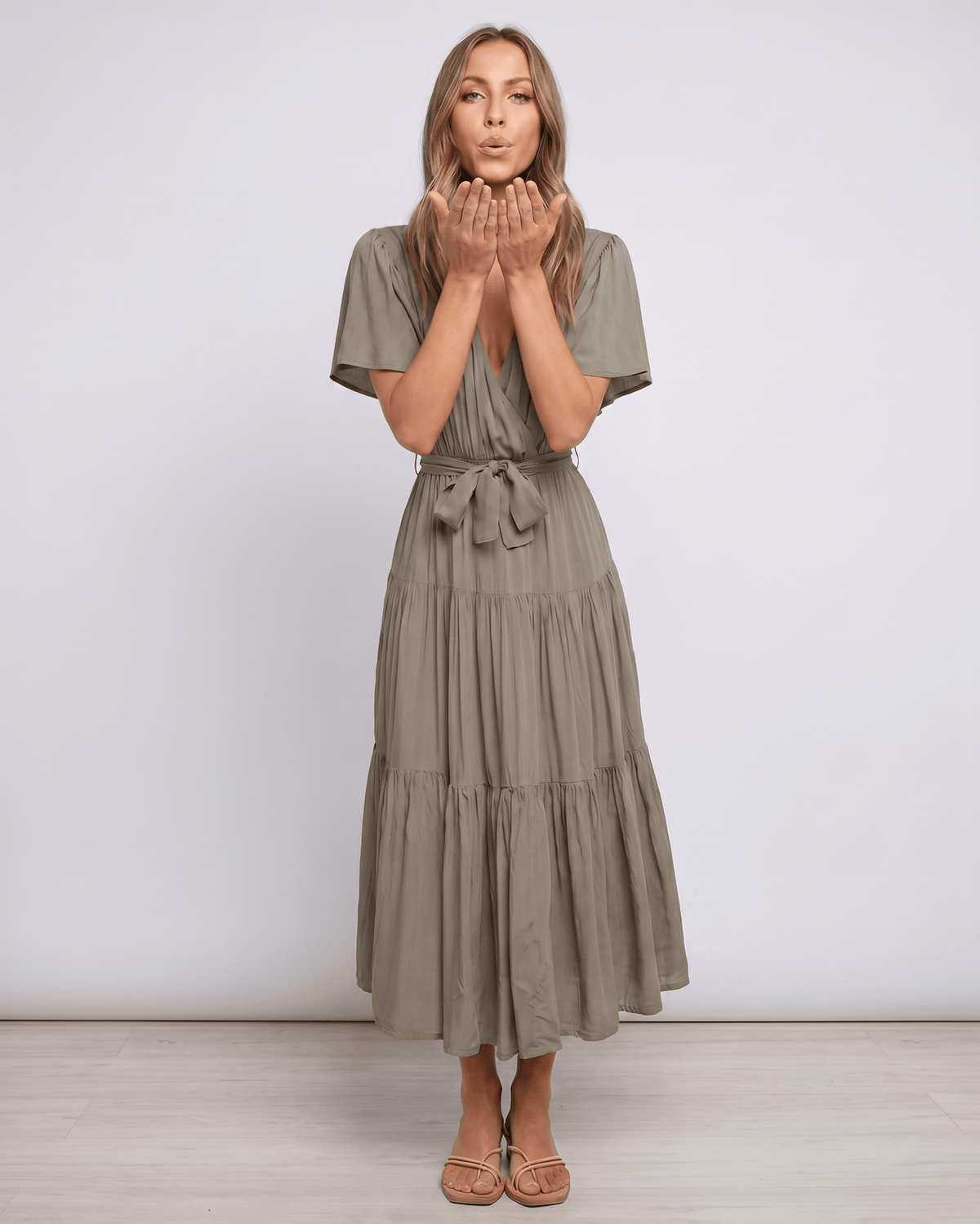 Solenne Midi Dress by Lauven — chiffon butterfly sleeve V-neck tiered midi dress