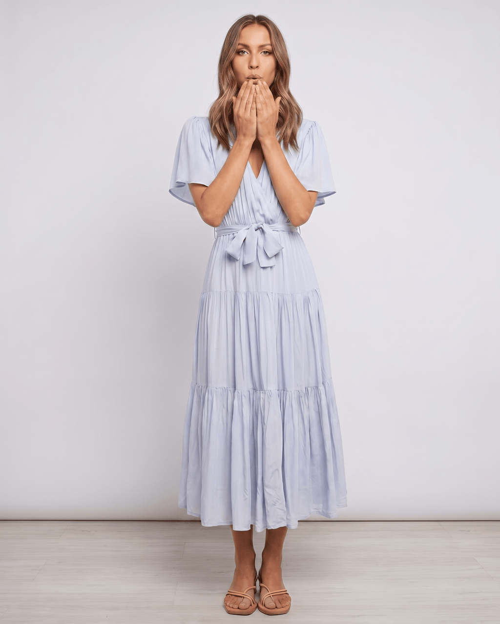 Solenne Midi Dress by Lauven — chiffon butterfly sleeve V-neck tiered midi dress