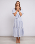 Solenne Midi Dress by Lauven — chiffon butterfly sleeve V-neck tiered midi dress