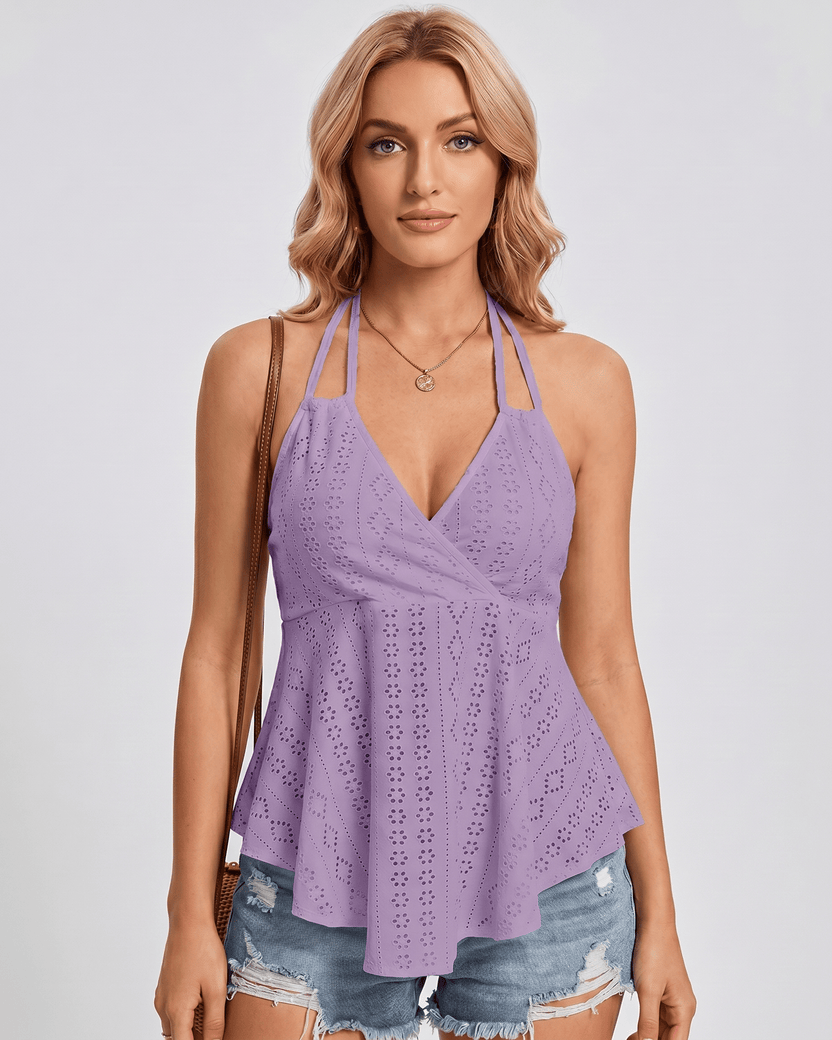 Solvane Top by Lauven — purple women’s eyelet halter top with flowy fit
