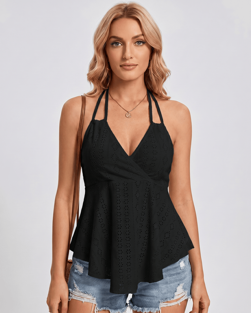 Solvane Top by Lauven — black women’s eyelet halter top with flowy fit
