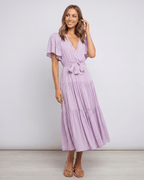 Solenne Midi Dress by Lauven — chiffon butterfly sleeve V-neck tiered midi dress