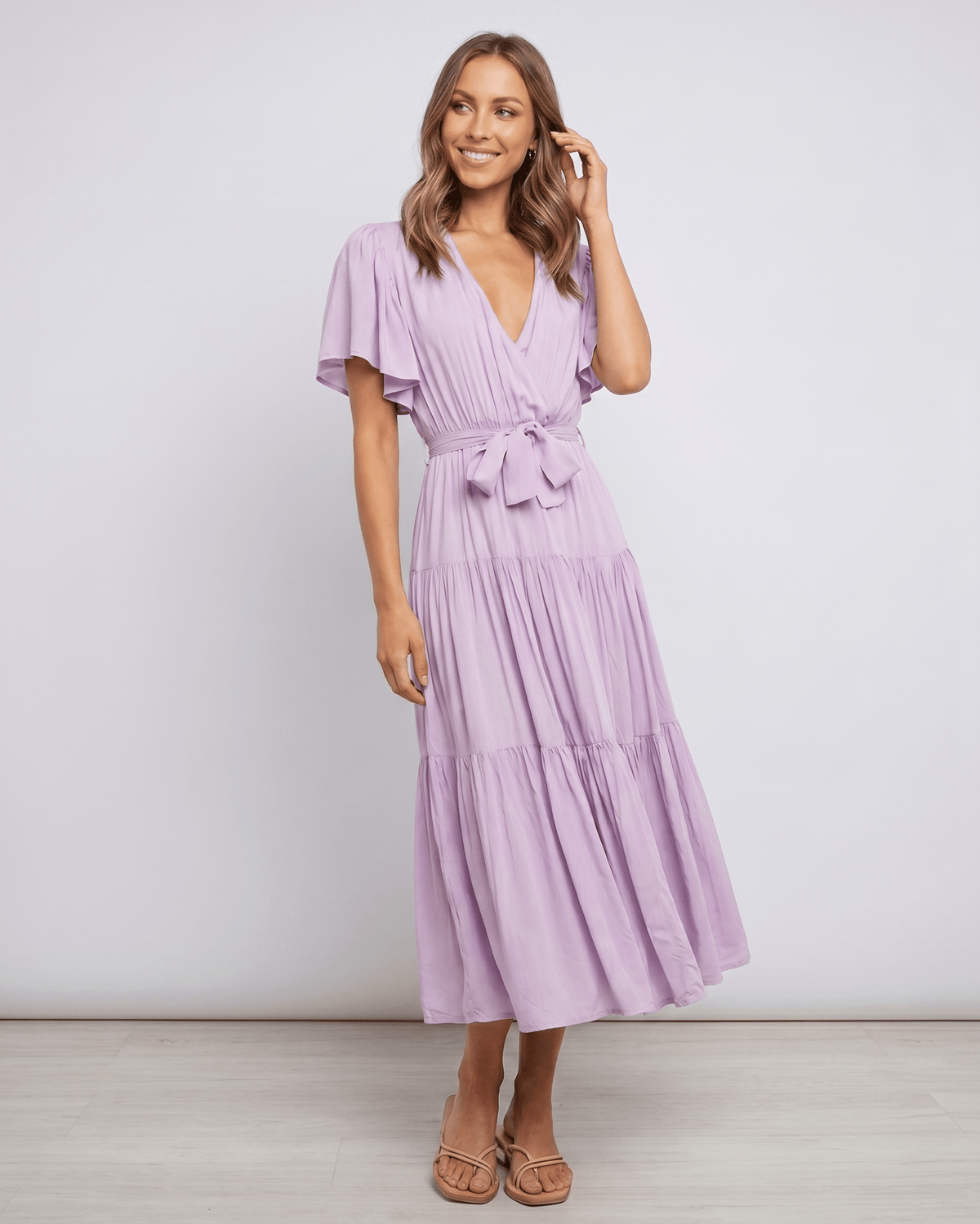 Solenne Midi Dress by Lauven — chiffon butterfly sleeve V-neck tiered midi dress