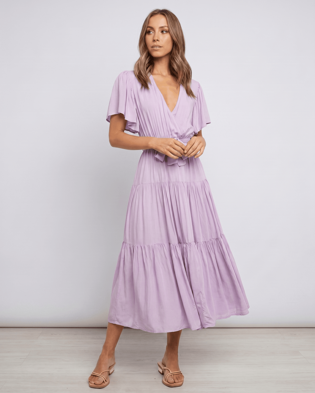 Solenne Midi Dress by Lauven — chiffon butterfly sleeve V-neck tiered midi dress