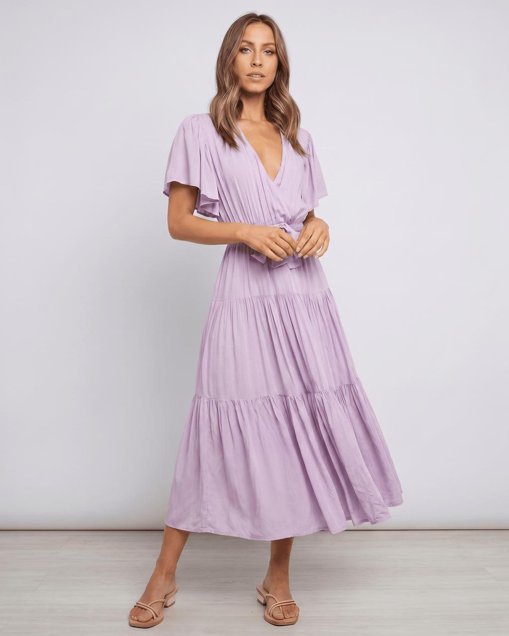 Solenne Midi Dress by Lauven — chiffon butterfly sleeve V-neck tiered midi dress