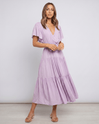 Solenne Midi Dress by Lauven — chiffon butterfly sleeve V-neck tiered midi dress