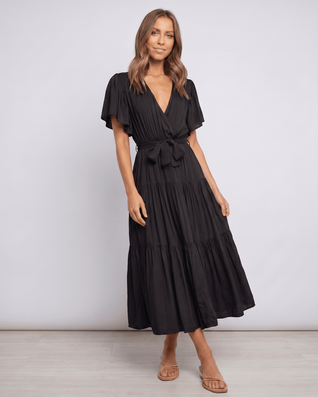 Solenne Midi Dress by Lauven — chiffon butterfly sleeve V-neck tiered midi dress