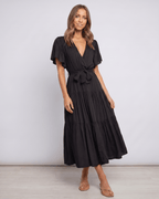 Solenne Midi Dress by Lauven — chiffon butterfly sleeve V-neck tiered midi dress