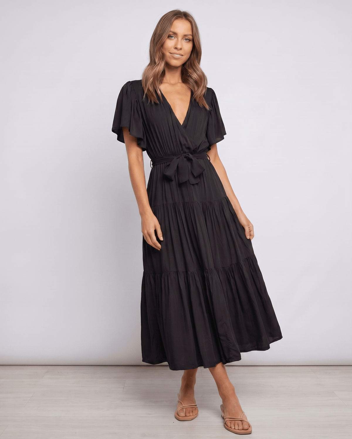 Solenne Midi Dress by Lauven — chiffon butterfly sleeve V-neck tiered midi dress