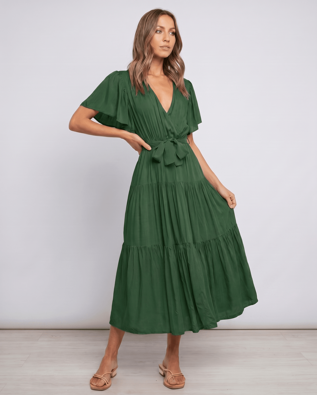 Solenne Midi Dress by Lauven — chiffon butterfly sleeve V-neck tiered midi dress