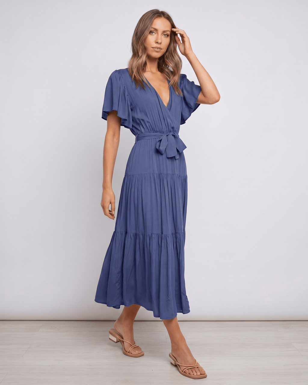Solenne Midi Dress by Lauven — chiffon butterfly sleeve V-neck tiered midi dress