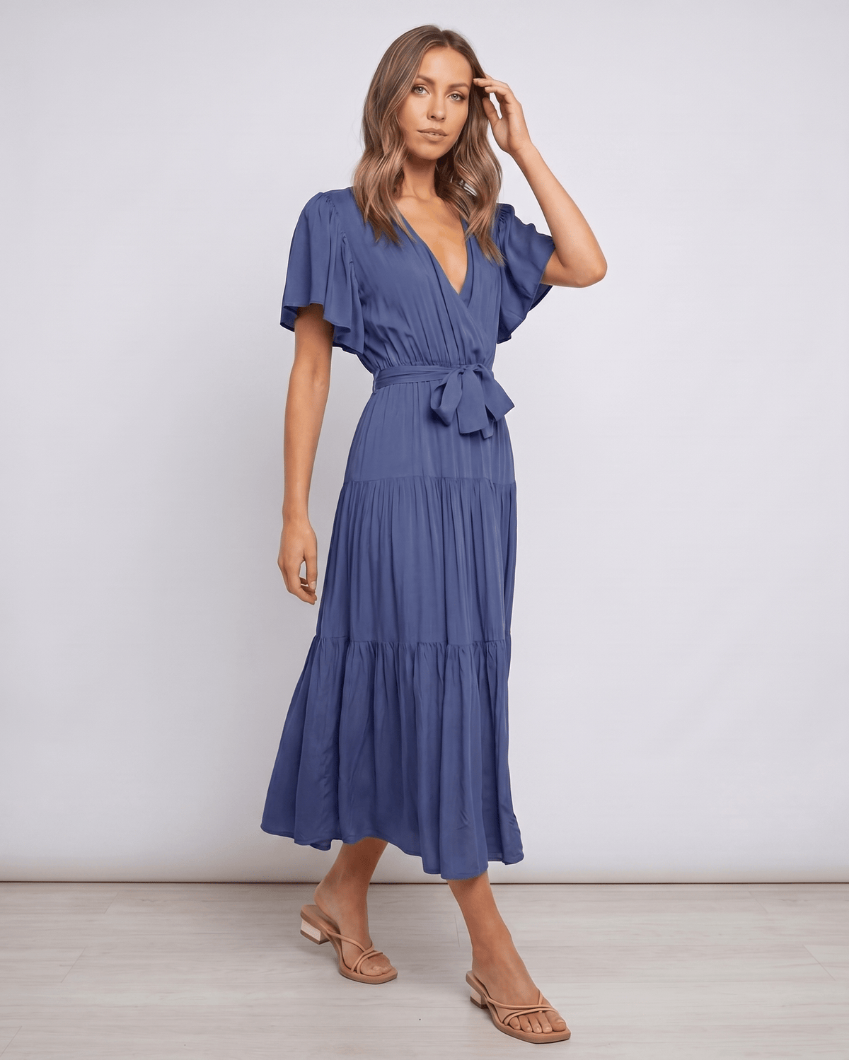Solenne Midi Dress by Lauven — chiffon butterfly sleeve V-neck tiered midi dress