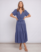 Solenne Midi Dress by Lauven — chiffon butterfly sleeve V-neck tiered midi dress