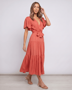 Solenne Midi Dress by Lauven — chiffon butterfly sleeve V-neck tiered midi dress
