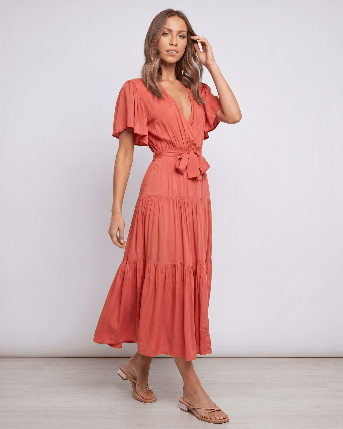 Solenne Midi Dress by Lauven — chiffon butterfly sleeve V-neck tiered midi dress