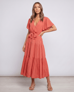 Solenne Midi Dress by Lauven — chiffon butterfly sleeve V-neck tiered midi dress
