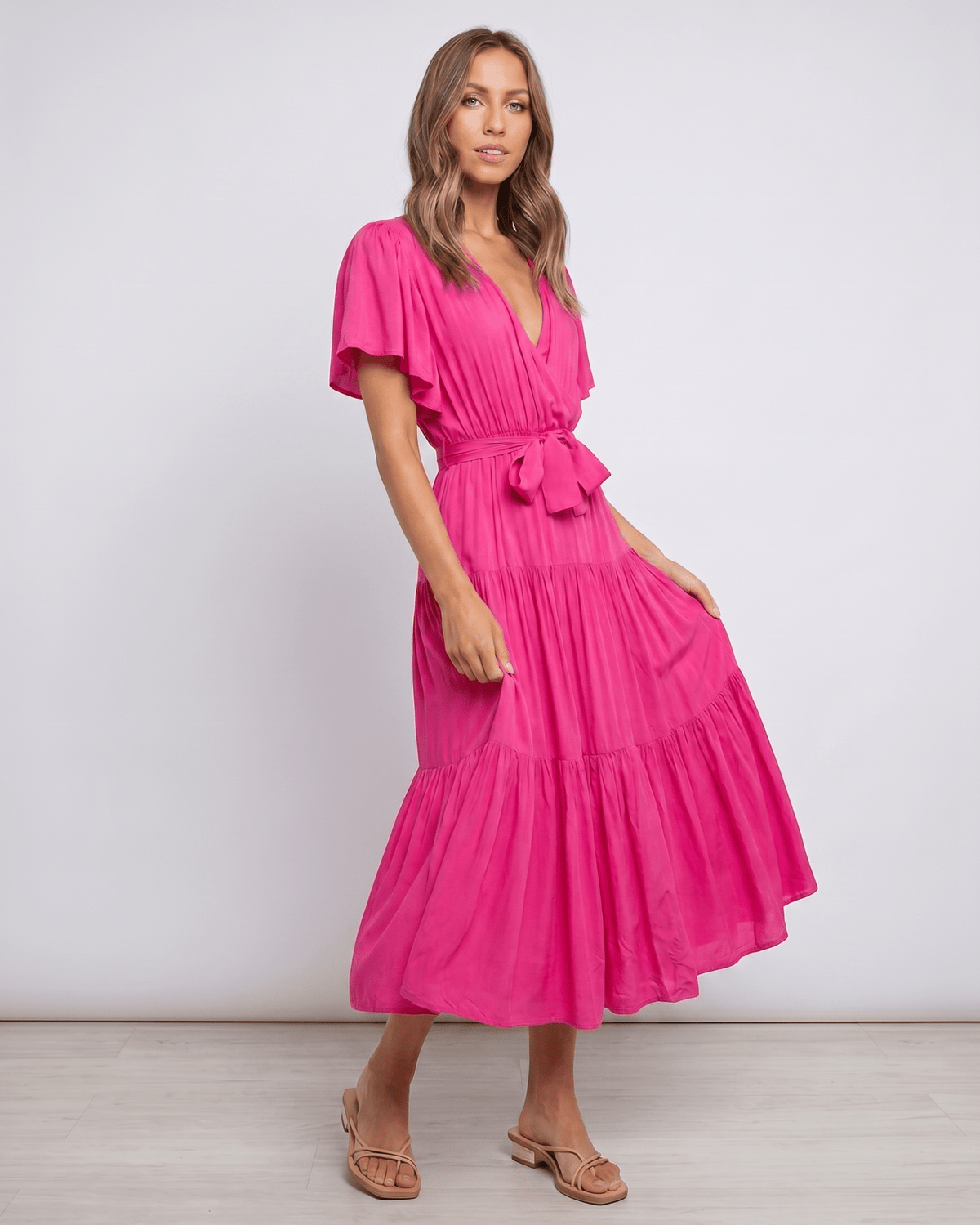 Solenne Midi Dress by Lauven — chiffon butterfly sleeve V-neck tiered midi dress