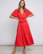 Solenne Midi Dress by Lauven — chiffon butterfly sleeve V-neck tiered midi dress