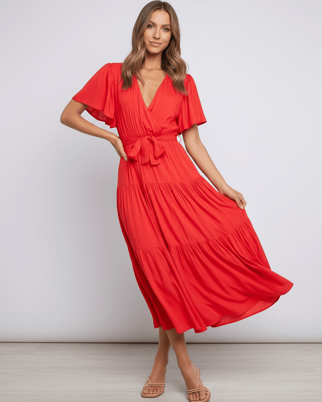 Solenne Midi Dress by Lauven — chiffon butterfly sleeve V-neck tiered midi dress