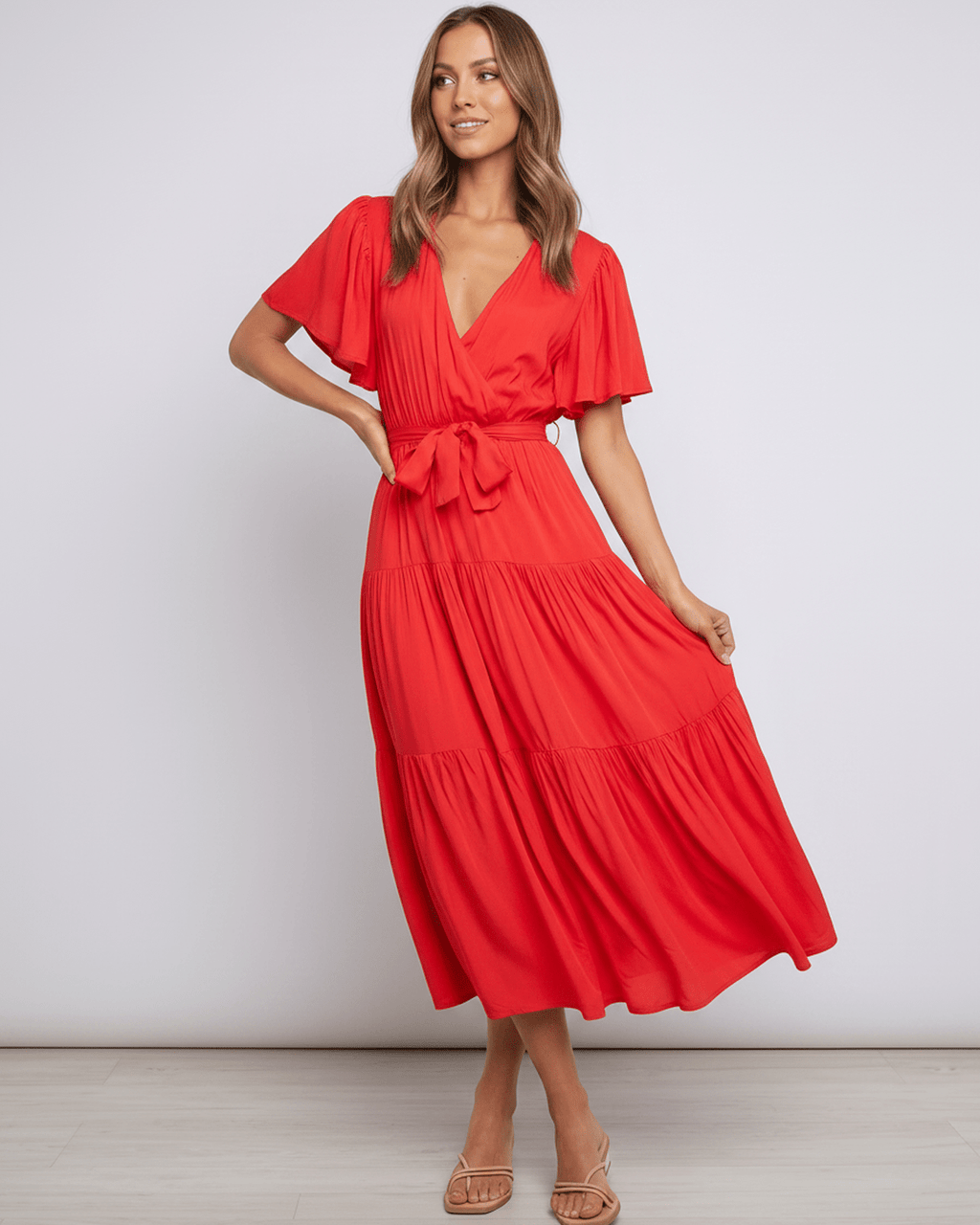 Solenne Midi Dress by Lauven — chiffon butterfly sleeve V-neck tiered midi dress