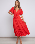 Solenne Midi Dress by Lauven — chiffon butterfly sleeve V-neck tiered midi dress