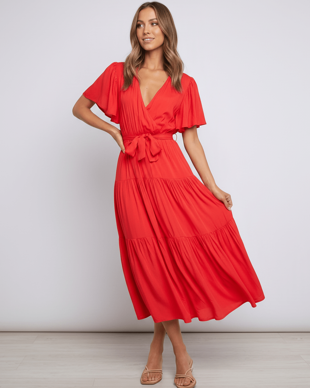 Solenne Midi Dress by Lauven — chiffon butterfly sleeve V-neck tiered midi dress