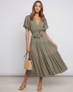 Solenne Midi Dress by Lauven — chiffon butterfly sleeve V-neck tiered midi dress