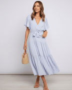 Solenne Midi Dress by Lauven — chiffon butterfly sleeve V-neck tiered midi dress