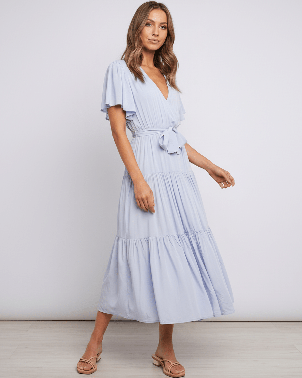 Solenne Midi Dress by Lauven — chiffon butterfly sleeve V-neck tiered midi dress
