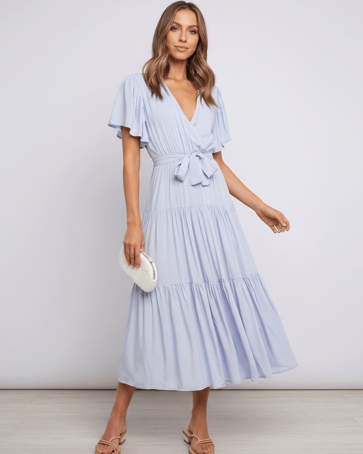 Solenne Midi Dress by Lauven — chiffon butterfly sleeve V-neck tiered midi dress