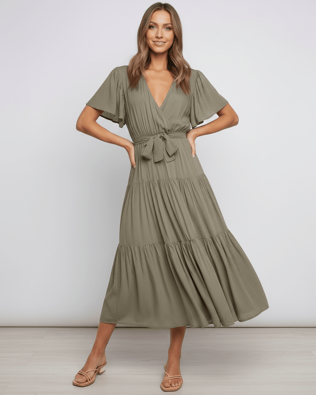 Solenne Midi Dress by Lauven — chiffon butterfly sleeve V-neck tiered midi dress