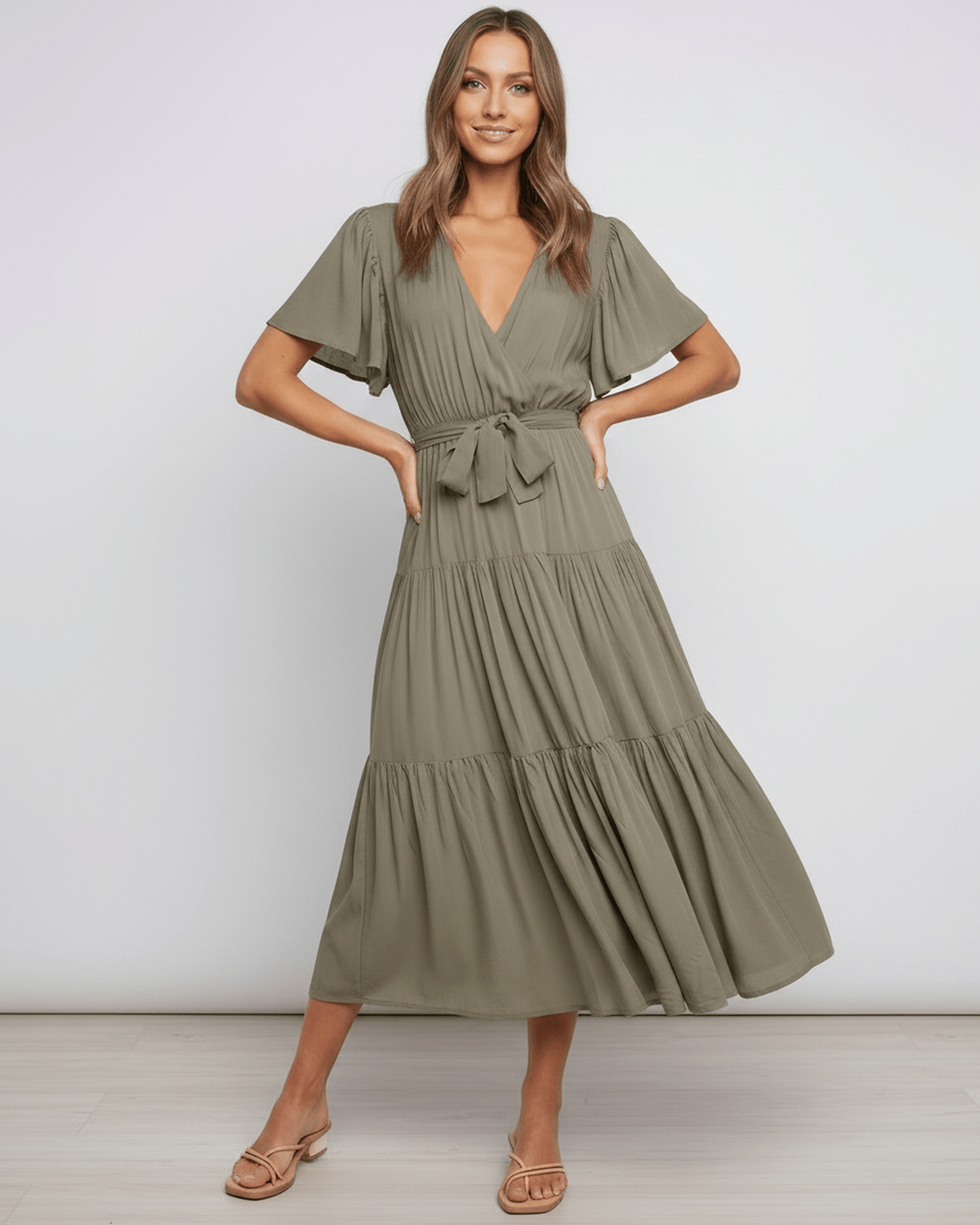 Solenne Midi Dress by Lauven — chiffon butterfly sleeve V-neck tiered midi dress