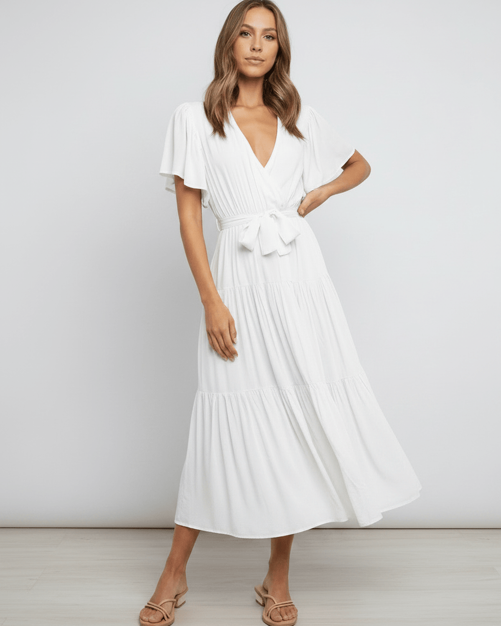 Solenne Midi Dress by Lauven — chiffon butterfly sleeve V-neck tiered midi dress