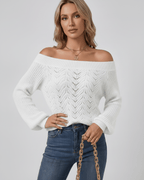Veloura Sweater by Lauven — women’s off shoulder knit sweater with lantern sleeves and hollow knit texture