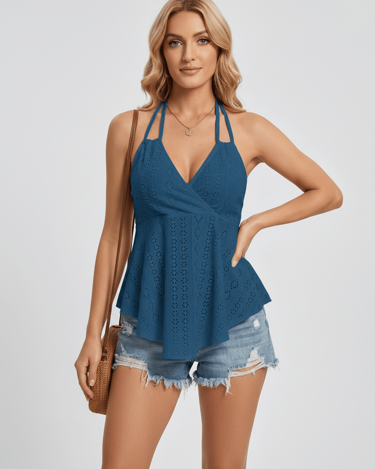Solvane Top by Lauven — women’s eyelet halter top with flowy fit