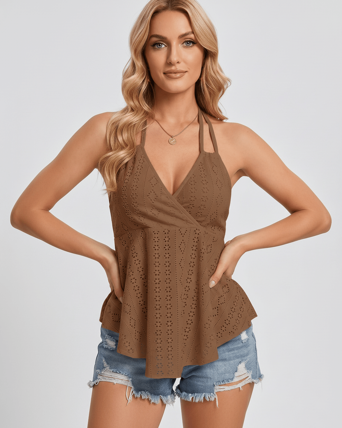 Solvane Top by Lauven — women’s eyelet halter top with flowy fit