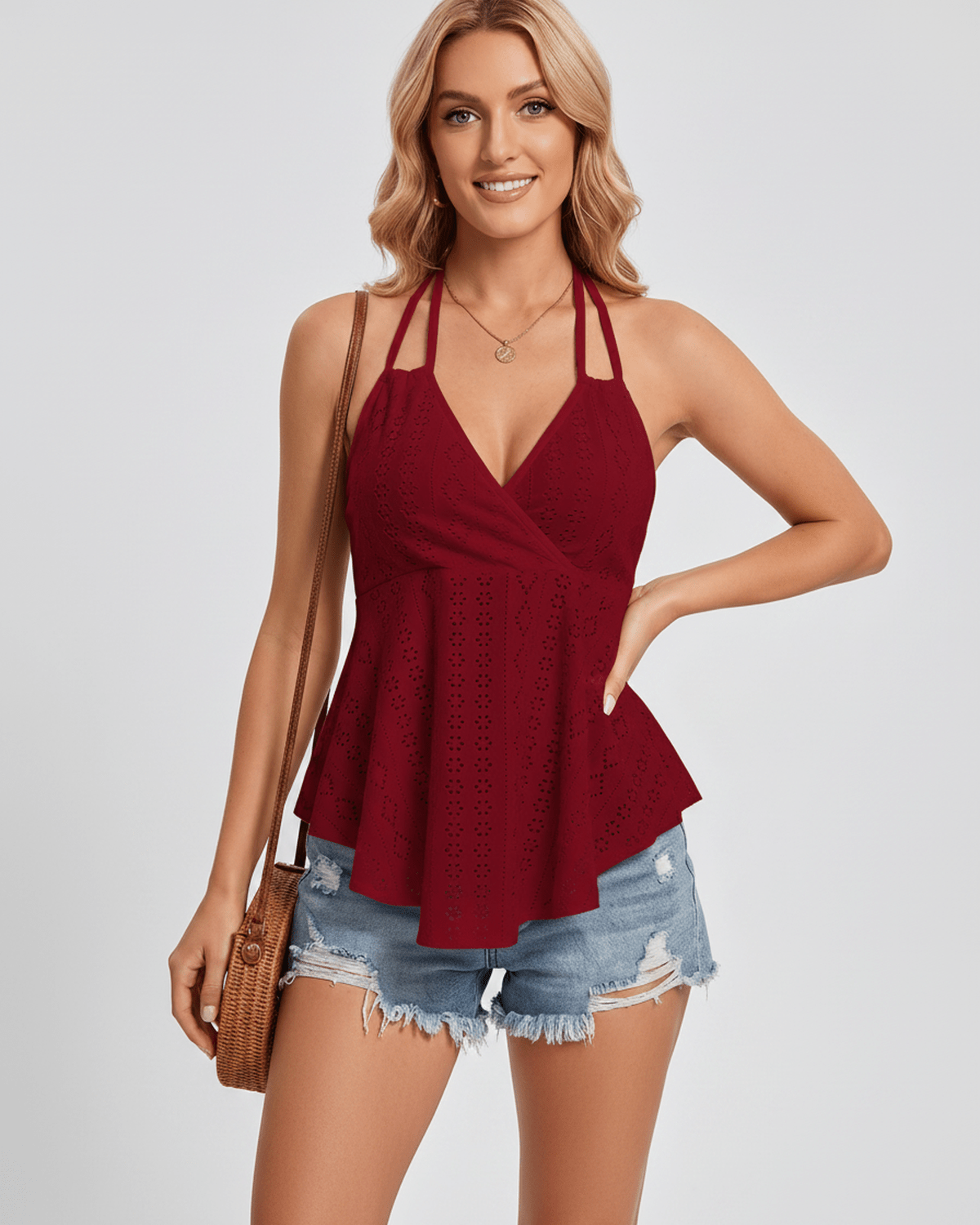 Solvane Top by Lauven — women’s eyelet halter top with flowy fit