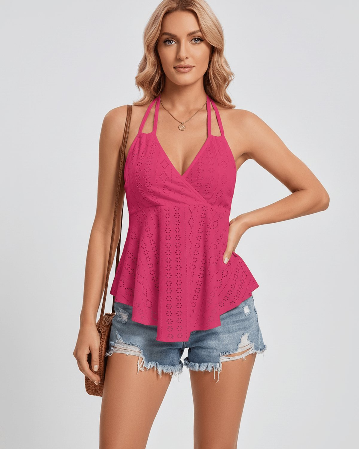 Solvane Top by Lauven — women’s eyelet halter top with flowy fit