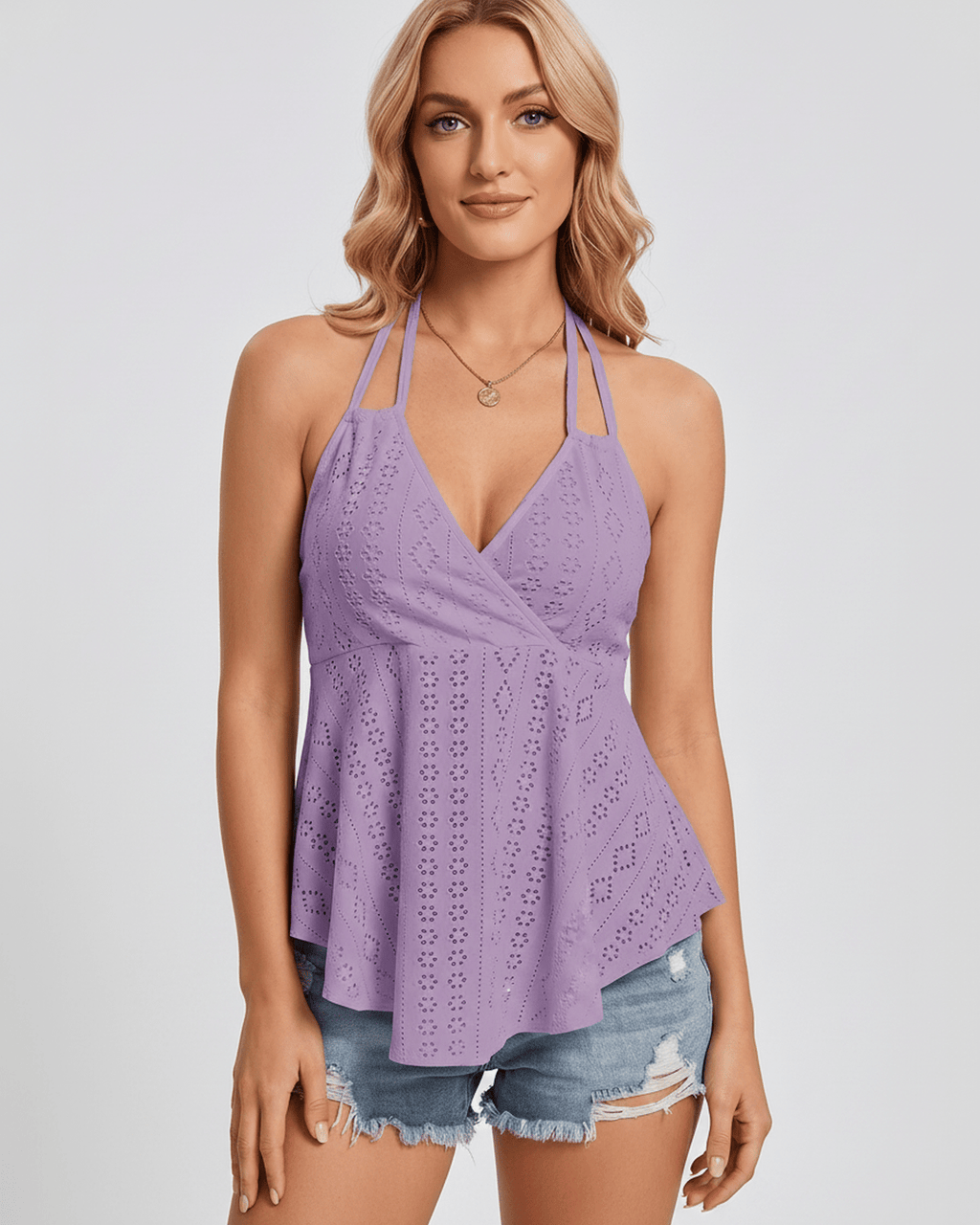 Solvane Top by Lauven — women’s eyelet halter top with flowy fit