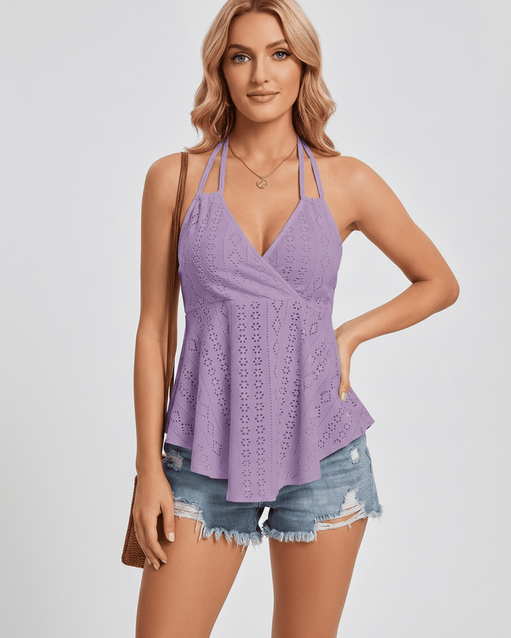 Solvane Top by Lauven — women’s eyelet halter top with flowy fit