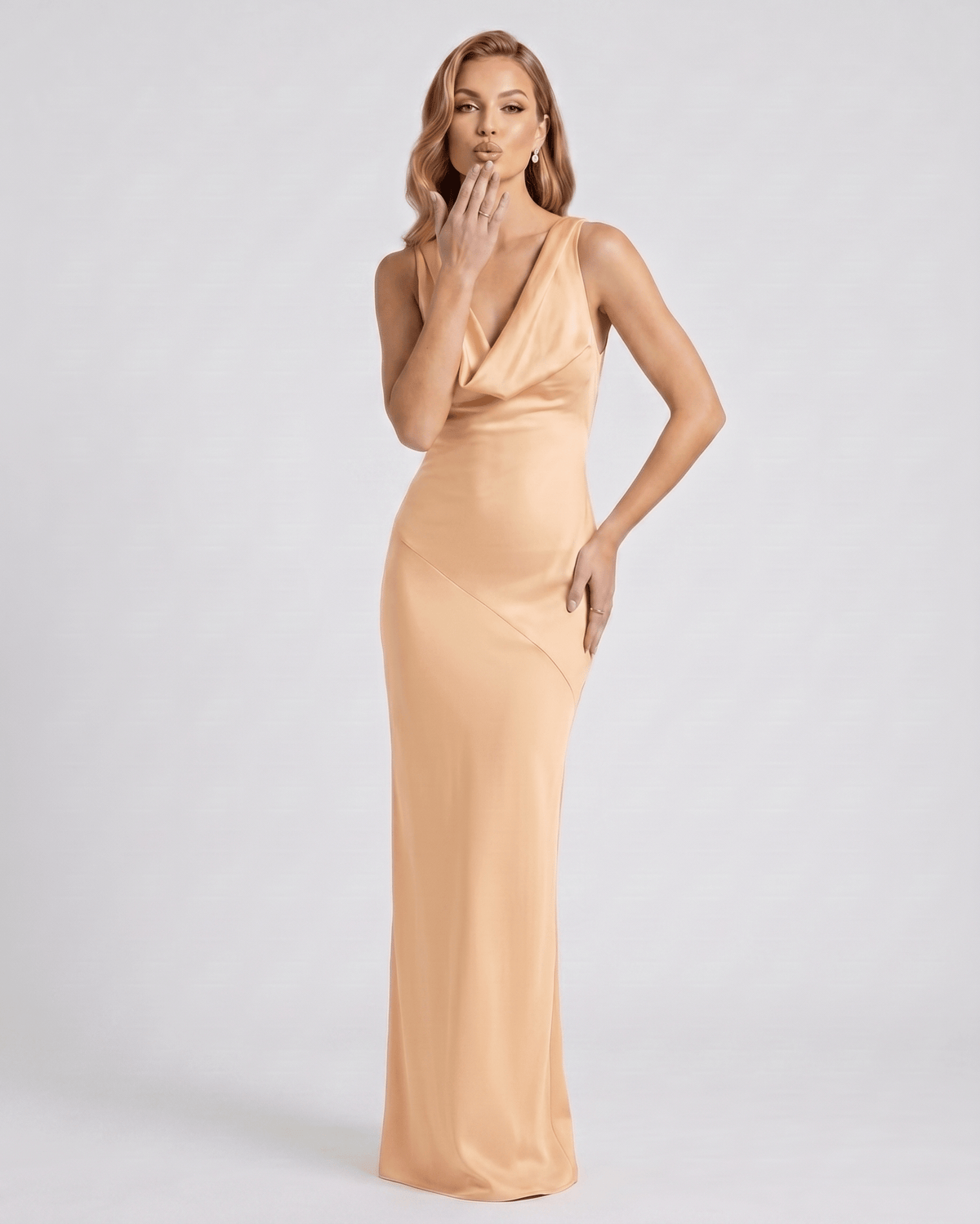 Seralyn Maxi Dress by Lauven — satin sleeveless cowl neck slim maxi dress